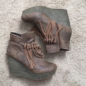Fringe and chain wedge bootie